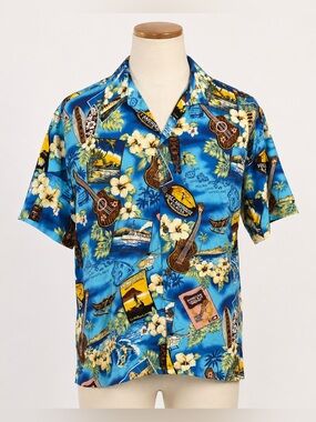 Vintage Palmwave Hawaii Aloha Shirt XL Blue Tropical Surf Ukulele Map Print